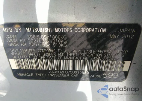 2012 Mitsubishi Lancer Es from USA, damaged, VIN JA32U2FU7CU030580